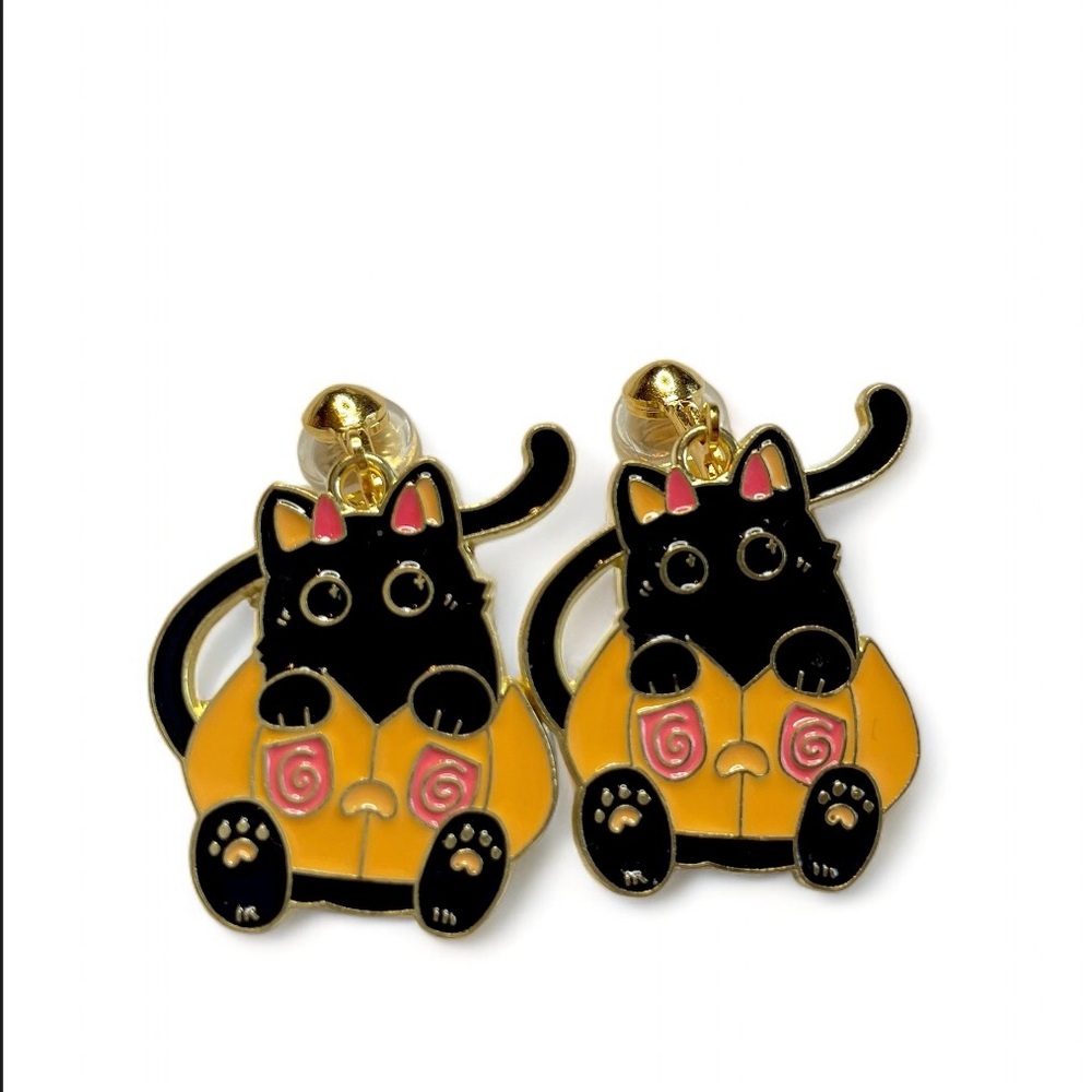Halloween Clip On Earrings Black Cat Pumpkin Gold Cute Trendy